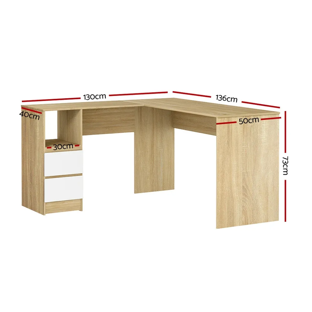 L-Shape Computer Desk with Drawers & Shelf, Oak - Artiss