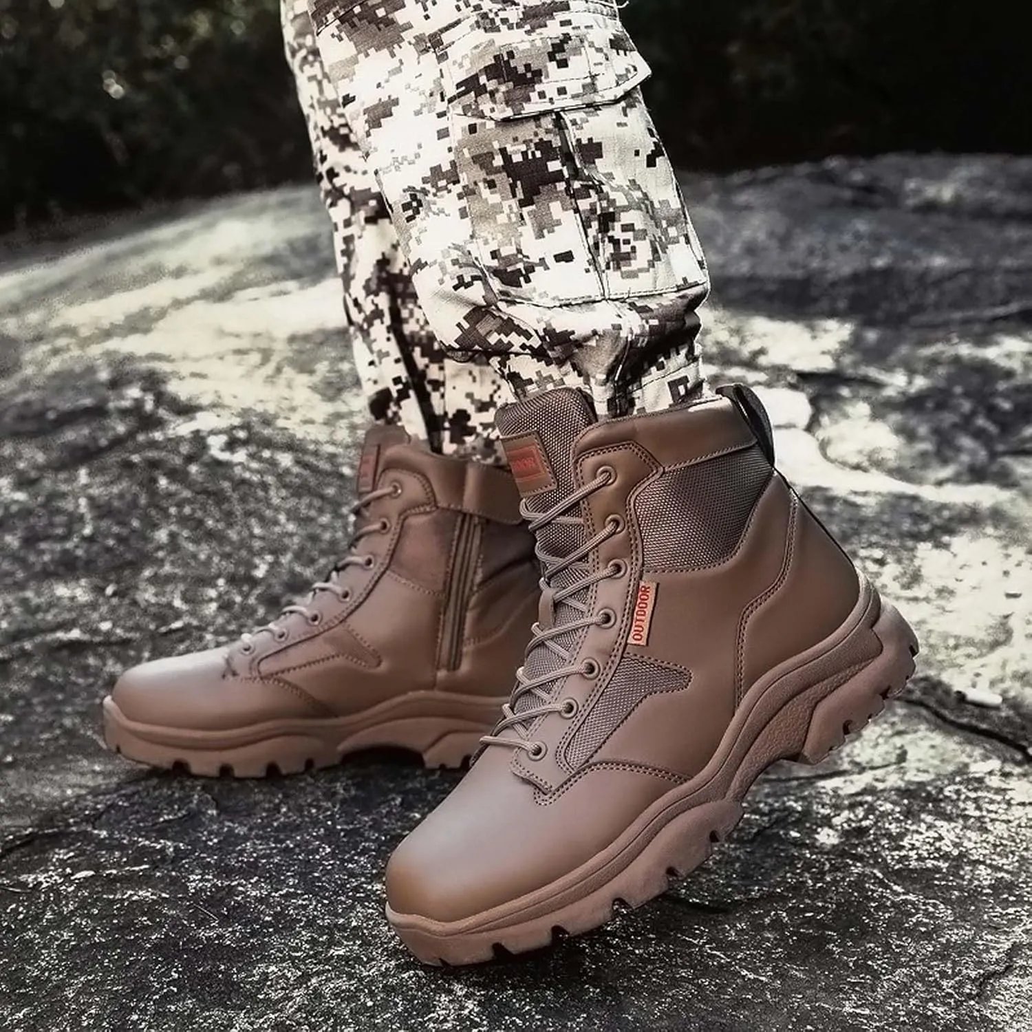 Men's Outdoor Hiking Climbing Boots Non-Slip Military Tactical Desert Boots Waterproof Leather Comfortable Safety Work Shoes High Top Motorcycle Shoes