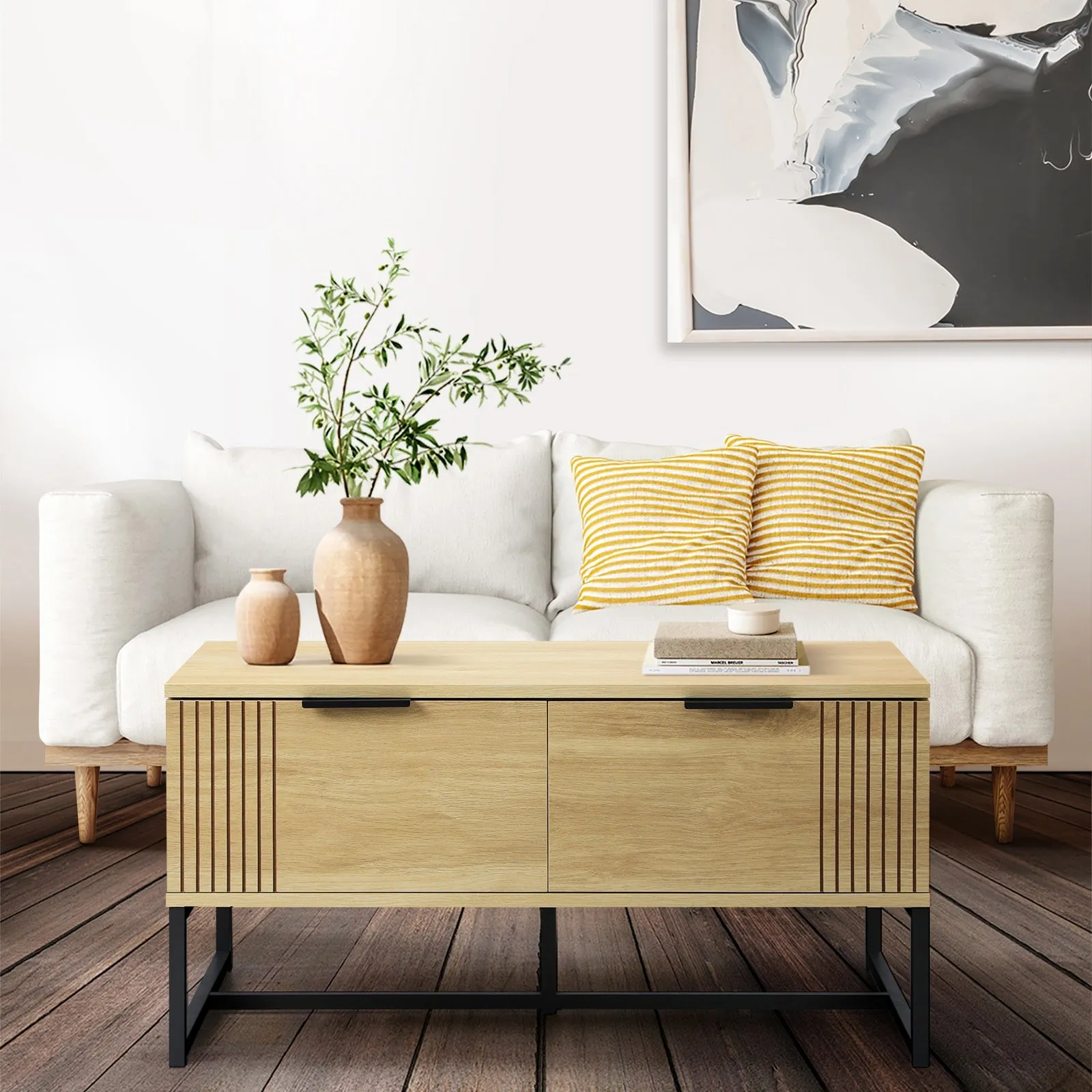 Oikiture Coffee Table Storage Drawers Side Tables Sofa Cafe Desk Wooden Natural