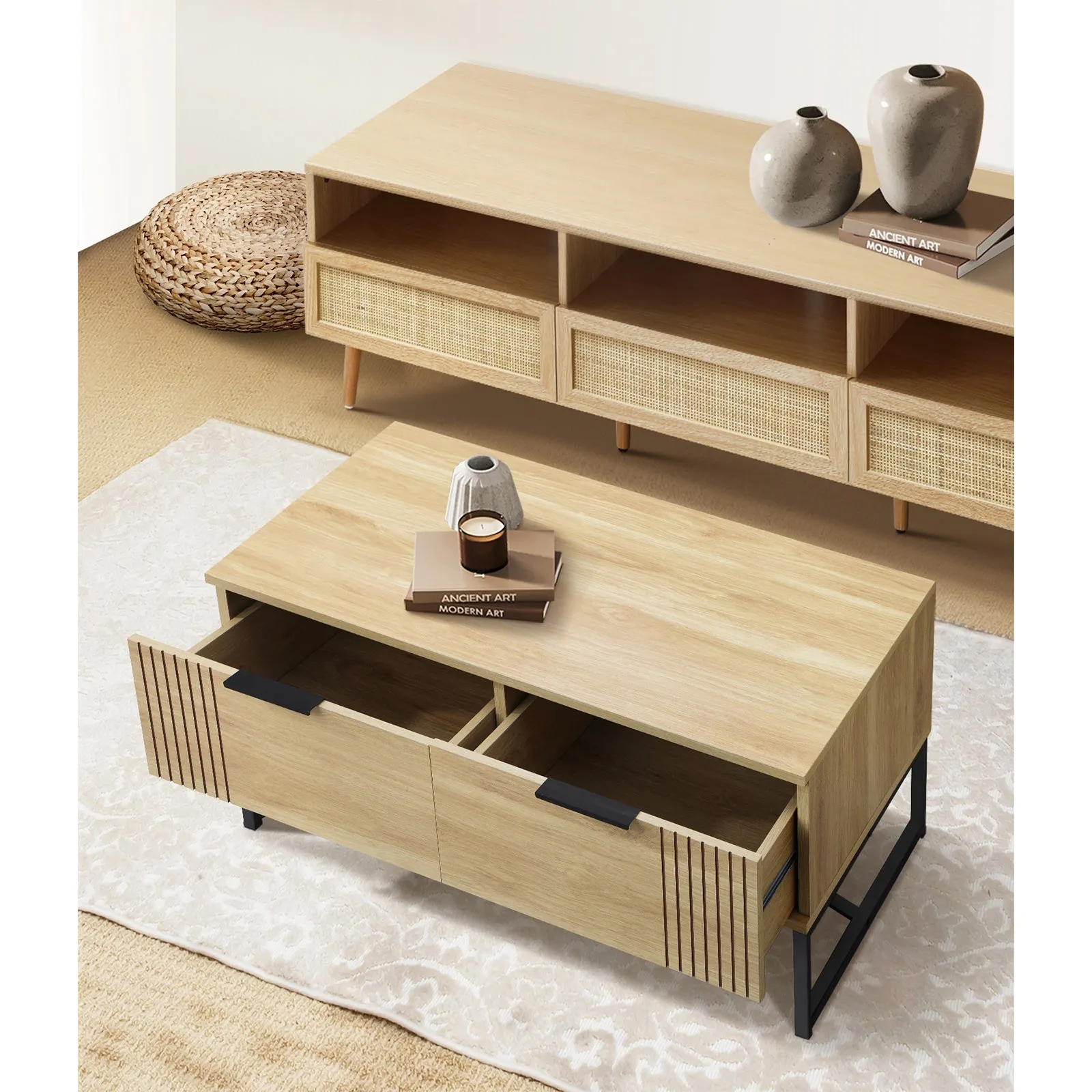 Oikiture Coffee Table Storage Drawers Side Tables Sofa Cafe Desk Wooden Natural