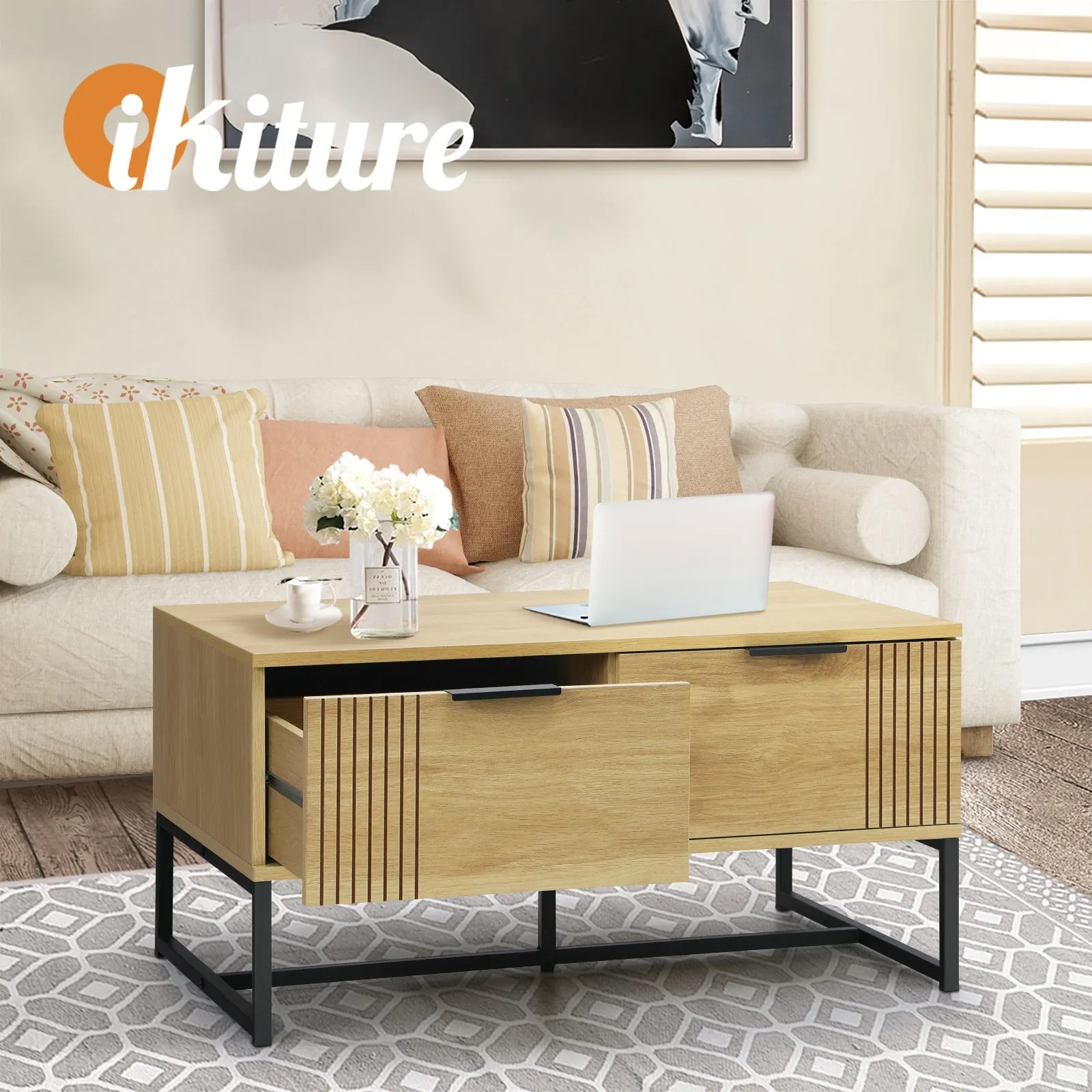 Oikiture Coffee Table Storage Drawers Side Tables Sofa Cafe Desk Wooden Natural