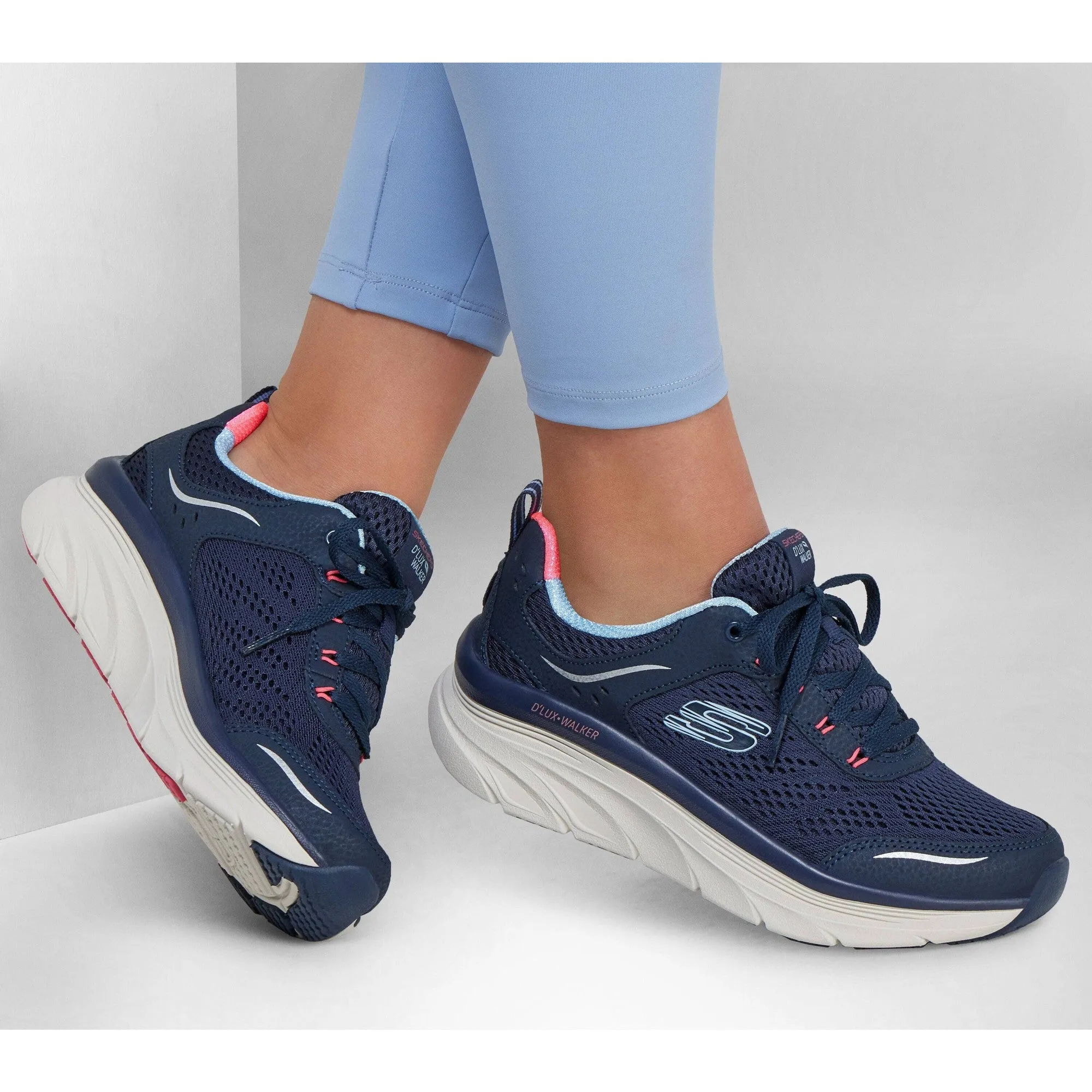 Skechers 149023 D'lux Walker-Infinite Motion Ladies Navy & Coral Leather & Textile Lace Up Trainers