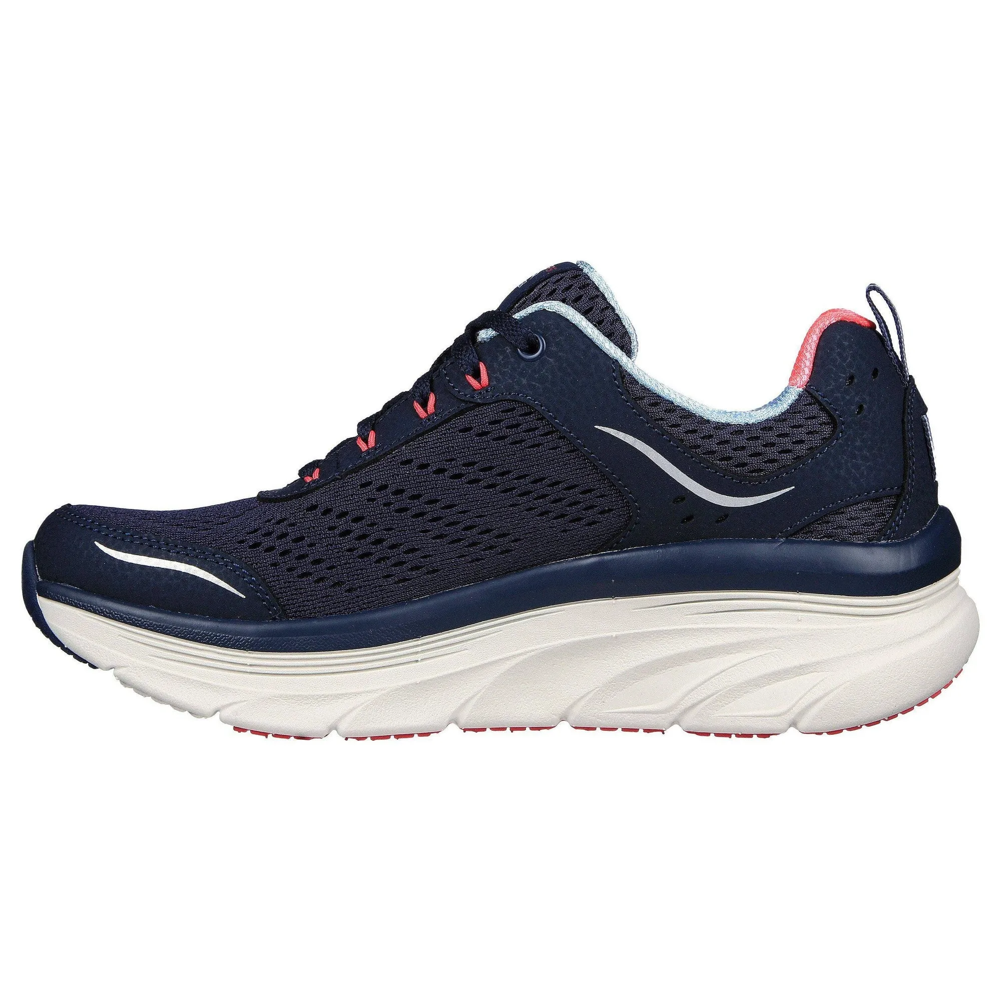 Skechers 149023 D'lux Walker-Infinite Motion Ladies Navy & Coral Leather & Textile Lace Up Trainers