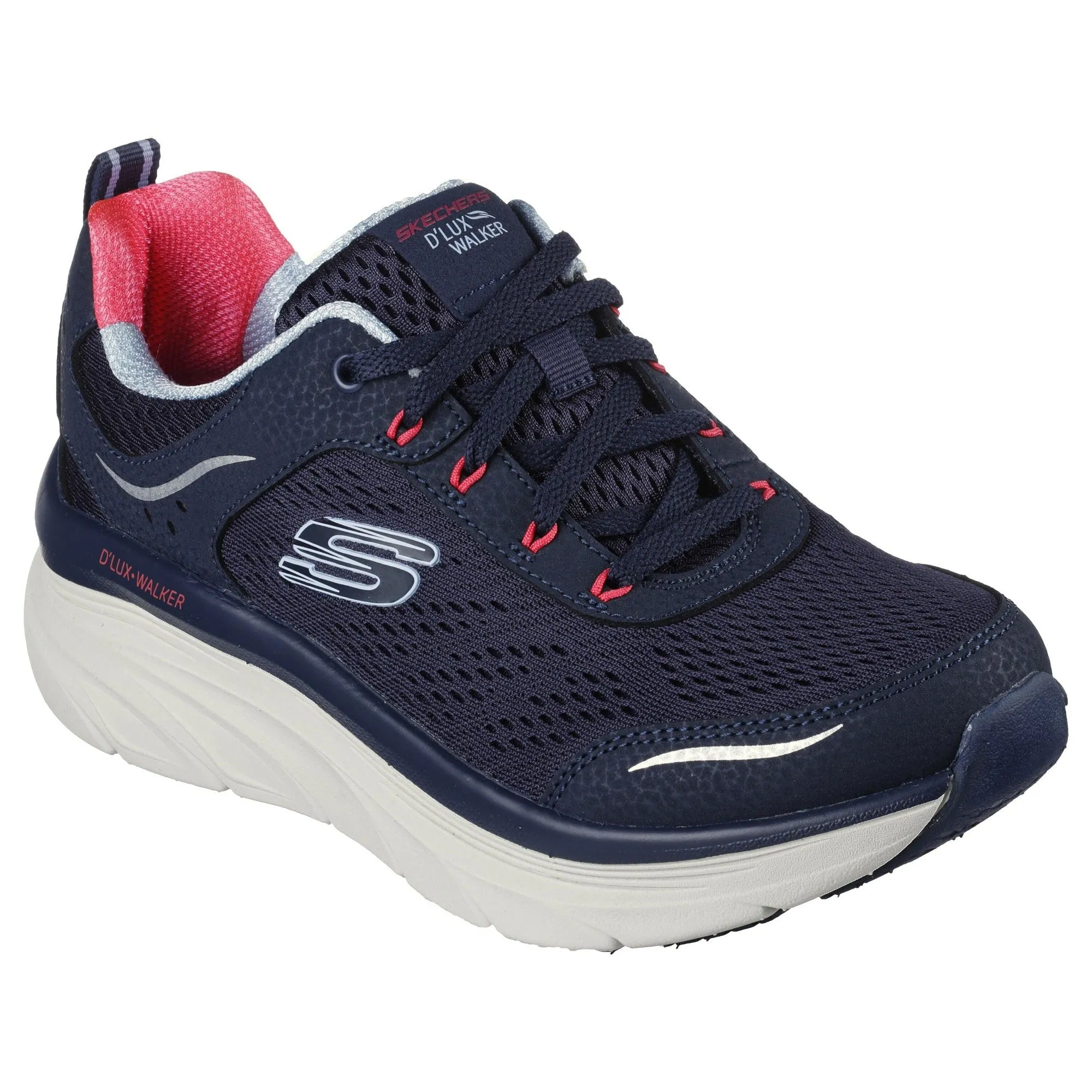 Skechers 149023 D'lux Walker-Infinite Motion Ladies Navy & Coral Leather & Textile Lace Up Trainers