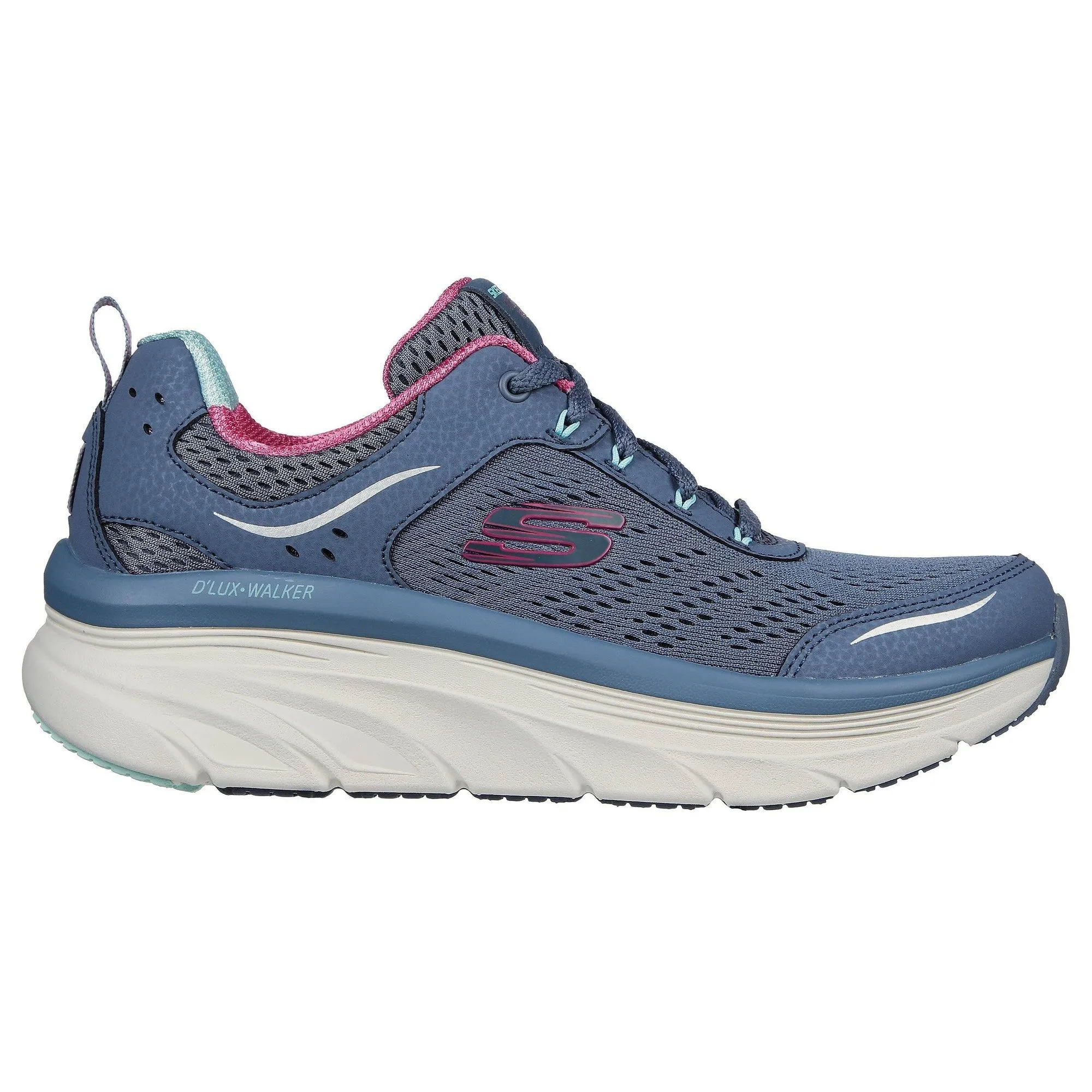 Skechers 149023 D'lux Walker-Infinite Motion Ladies Slate & Pink Leather & Textile Lace Up Trainers