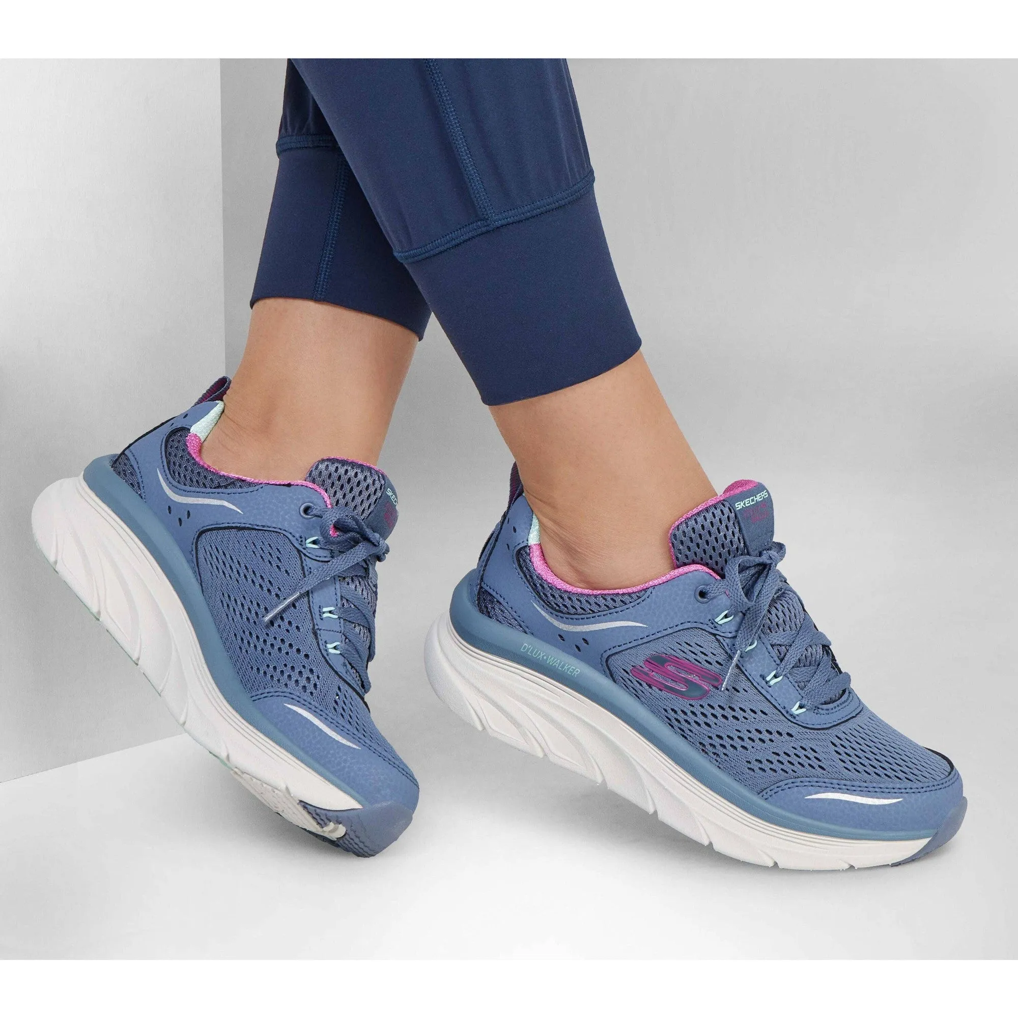 Skechers 149023 D'lux Walker-Infinite Motion Ladies Slate & Pink Leather & Textile Lace Up Trainers