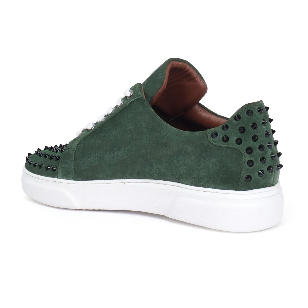 Studded Green Suede Leather Lace-Up Sneakers with Metal Lion logo on Quarter by Brune & Bareskin