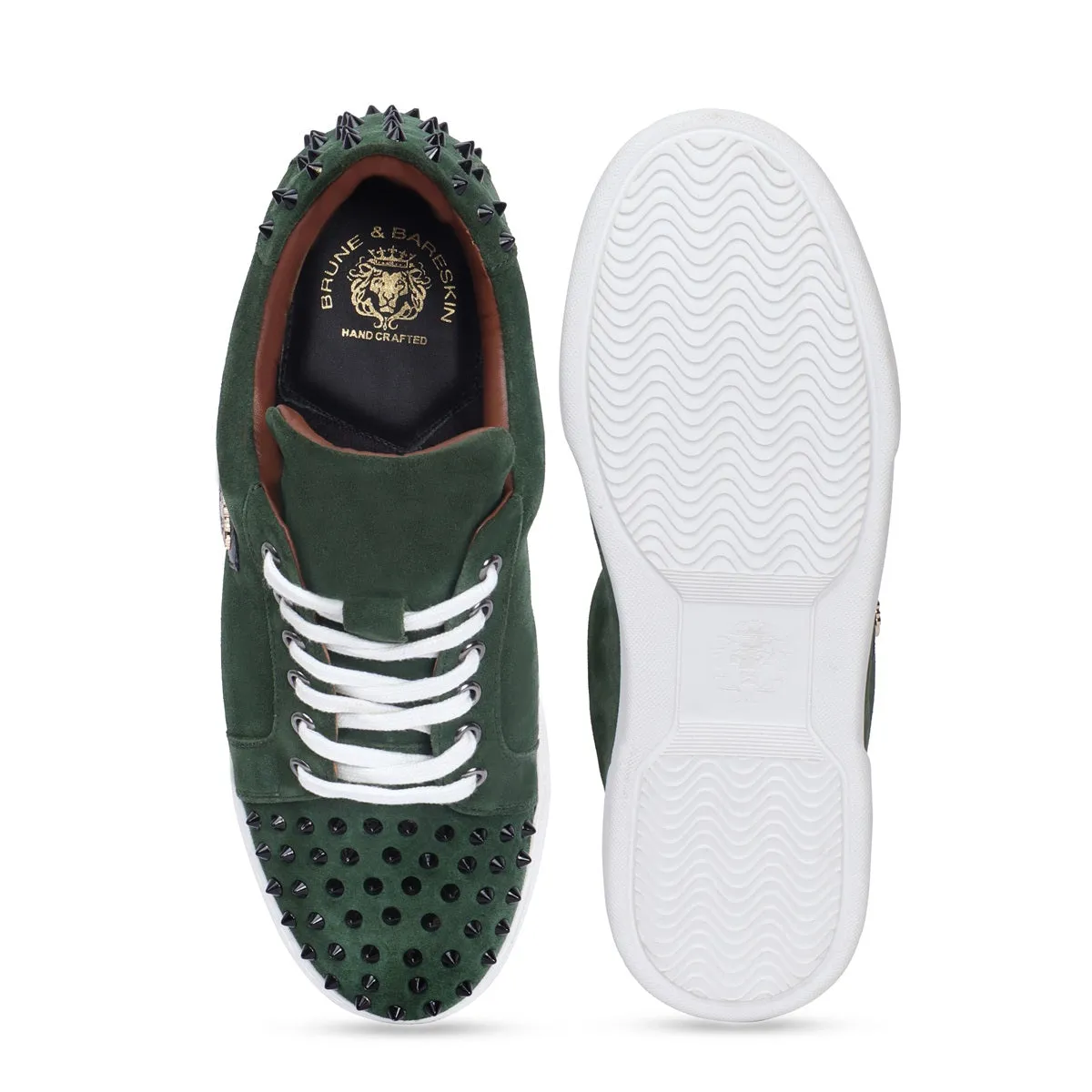 Studded Green Suede Leather Lace-Up Sneakers with Metal Lion logo on Quarter by Brune & Bareskin