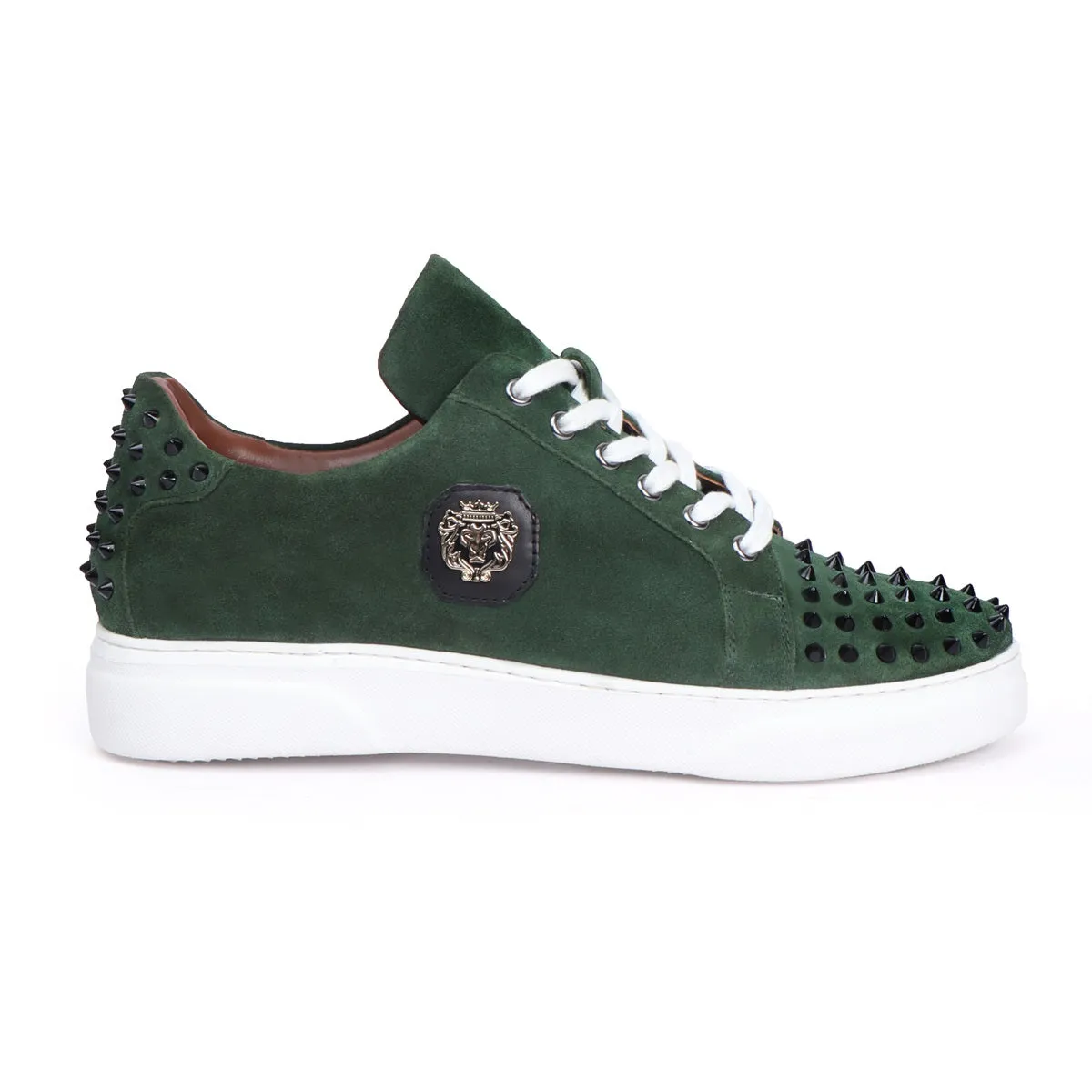 Studded Green Suede Leather Lace-Up Sneakers with Metal Lion logo on Quarter by Brune & Bareskin
