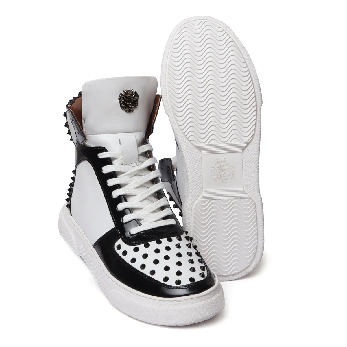Studded Toe and Counter Black Patent Leather detailing White High Top Sneakers By Brune & Bareskin