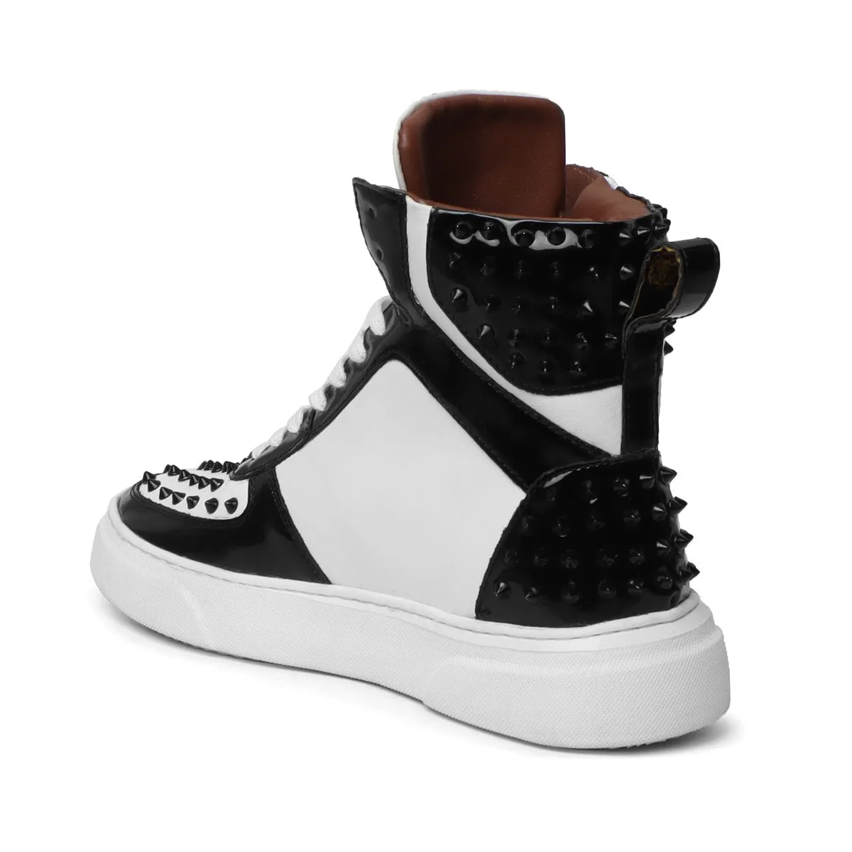 Studded Toe and Counter Black Patent Leather detailing White High Top Sneakers By Brune & Bareskin