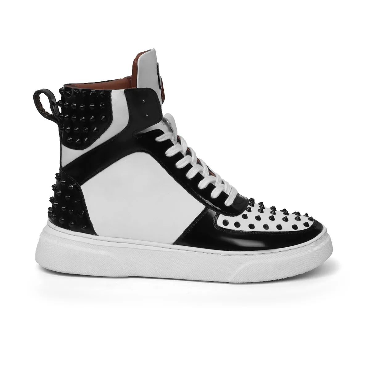 Studded Toe and Counter Black Patent Leather detailing White High Top Sneakers By Brune & Bareskin