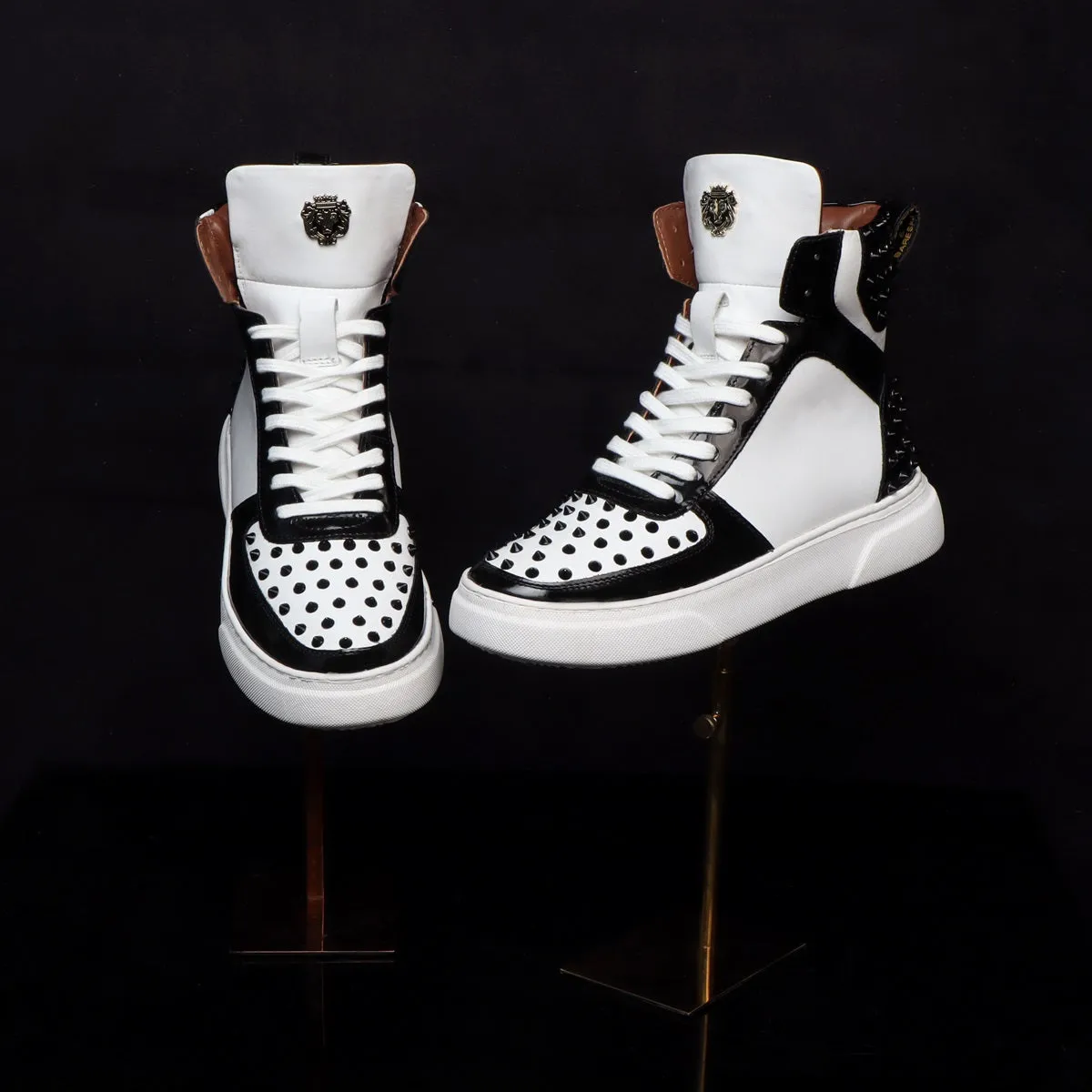 Studded Toe and Counter Black Patent Leather detailing White High Top Sneakers By Brune & Bareskin