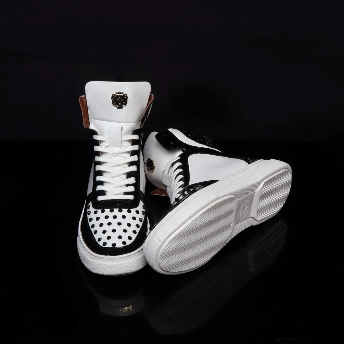 Studded Toe and Counter Black Patent Leather detailing White High Top Sneakers By Brune & Bareskin