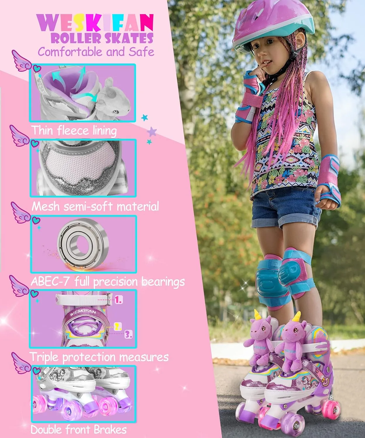Unicorn Doll Kids Toddler Roller Skates for Girls,WESKIFAN Quad Skating Shoes with Shiny Light up Wheels&Adjustable Sizes Beginners rollerskates for Birthday Xmas Gifts,Patines para Ni?as Ni?os