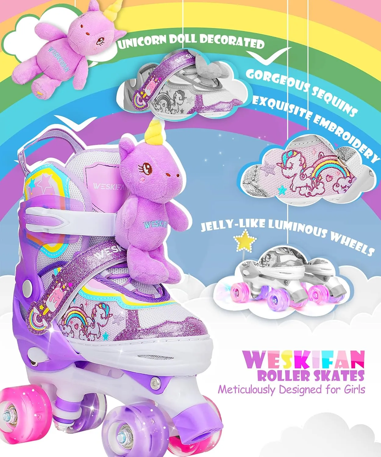 Unicorn Doll Kids Toddler Roller Skates for Girls,WESKIFAN Quad Skating Shoes with Shiny Light up Wheels&Adjustable Sizes Beginners rollerskates for Birthday Xmas Gifts,Patines para Ni?as Ni?os