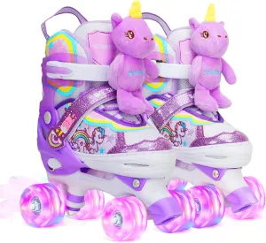 Unicorn Doll Kids Toddler Roller Skates for Girls,WESKIFAN Quad Skating Shoes with Shiny Light up Wheels&Adjustable Sizes Beginners rollerskates for Birthday Xmas Gifts,Patines para Ni?as Ni?os