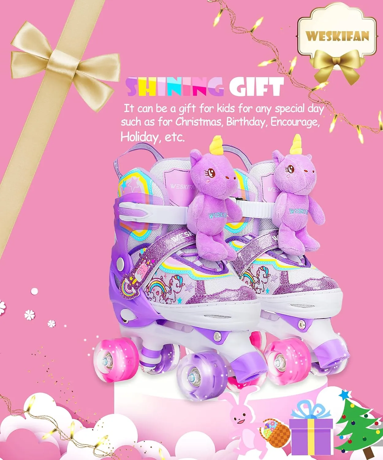 Unicorn Doll Kids Toddler Roller Skates for Girls,WESKIFAN Quad Skating Shoes with Shiny Light up Wheels&Adjustable Sizes Beginners rollerskates for Birthday Xmas Gifts,Patines para Ni?as Ni?os