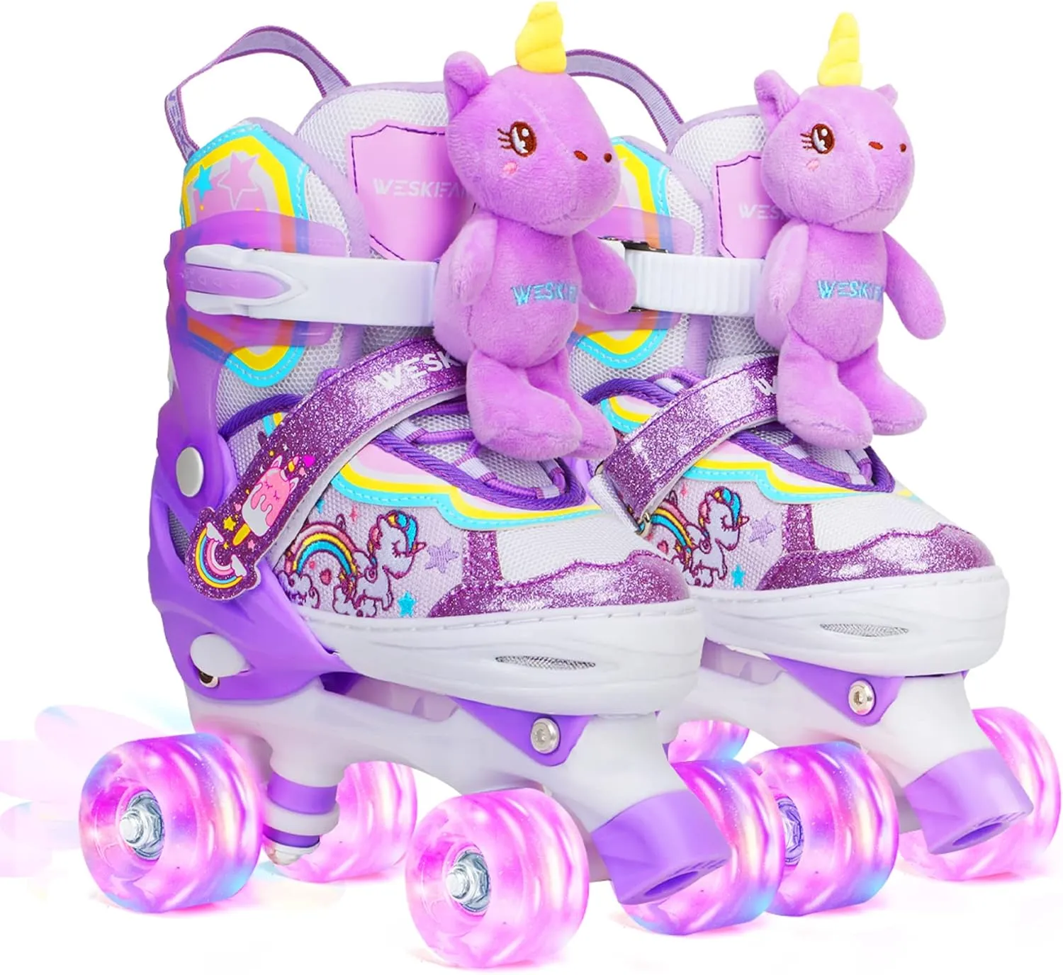 Unicorn Doll Kids Toddler Roller Skates for Girls,WESKIFAN Quad Skating Shoes with Shiny Light up Wheels&Adjustable Sizes Beginners rollerskates for Birthday Xmas Gifts,Patines para Ni?as Ni?os