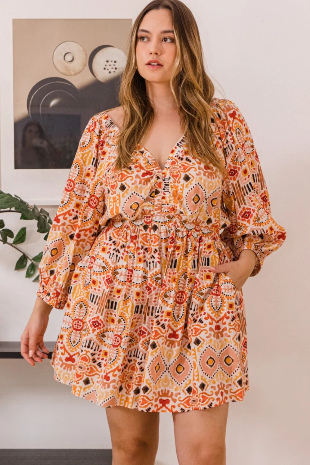 Women's ODDI Full Size Printed Ruff Sleeve Romper with Pockets