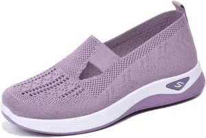 Women's Woven Orthopedic Breathable Soft Shoes Go Walk Slip on Shoes Diabetic Foam Shoes Hands Free Slip on Sneakers with Arch Support for Women